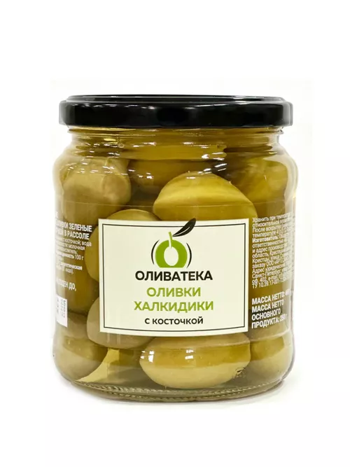 Оливки зеленые Халкидики с косточкой в рассоле ст/б 460гр (260гр)  Olivateca