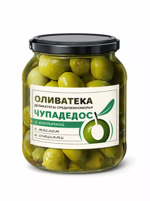 Оливки изумрудные Чупадедос со сладким перцем и чесноком рассол 340гр (200гр)Оливатека