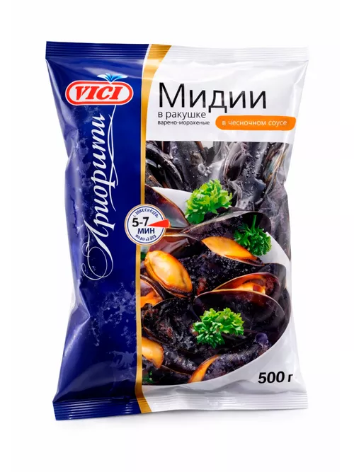 Мидии в раковине в/м 40/60 в чесночном соусе Чили VICI в/у 500 гр
