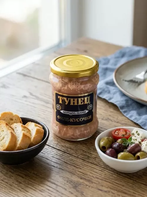 Тунец нат филе-кусочки в с/с 500гр  Рыбный Двор